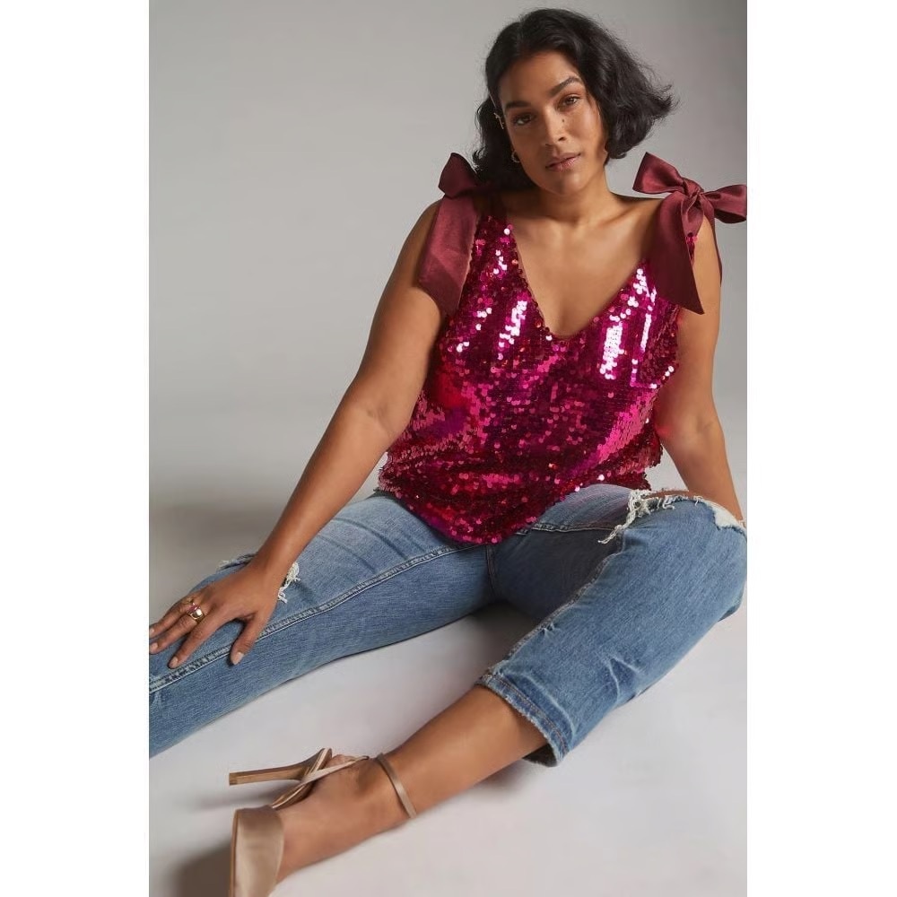 Maeve - Anthropologie Sequin and Satin Bow Tank Top - Picture 1 of 7